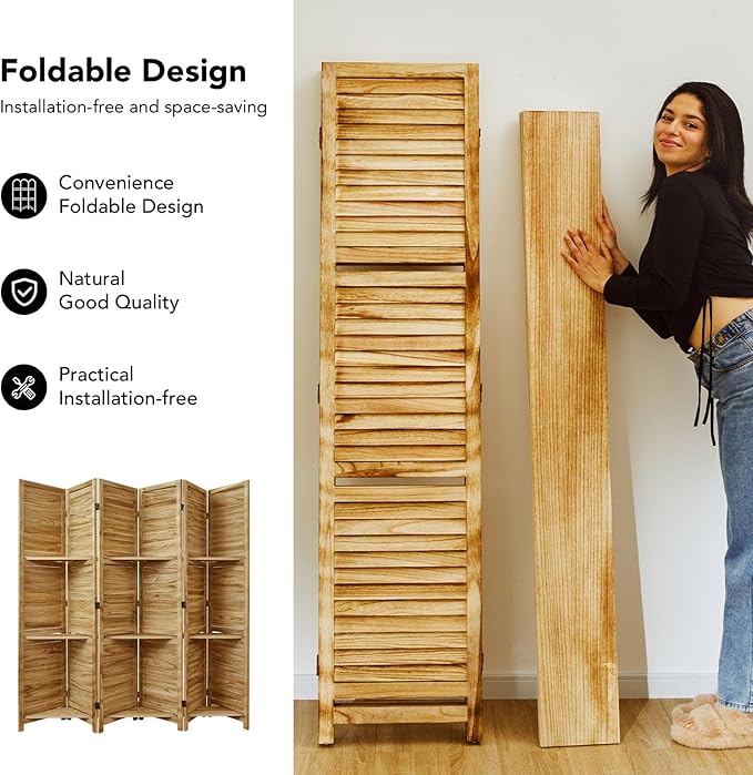 Room Divider with Shelves, 5.6 Ft Tall Folding Wood Screen with Double Hinges for Home Office Bedroom Hotel Decoration (6 Panels, Natural)