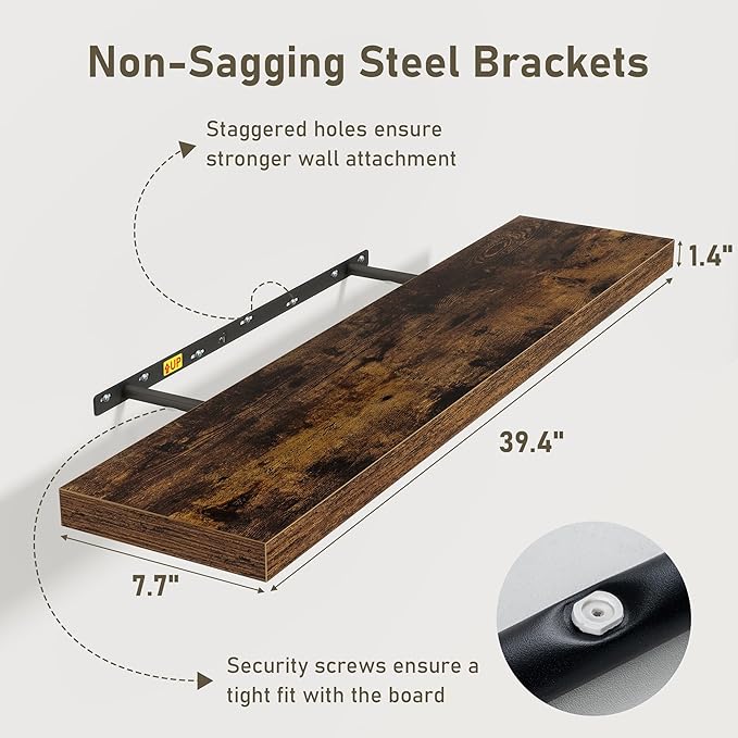 Floating Shelves Wall Shelf 40 Inch, 8 Inch Deep Floating Shelf for Wall, Farmhouse Black Wood Shelves Invisible Bracket for Living Room, Bedroom, Kitchen, 40 x 8 x 1.4 Inch, Set of 2, Rustic Brown