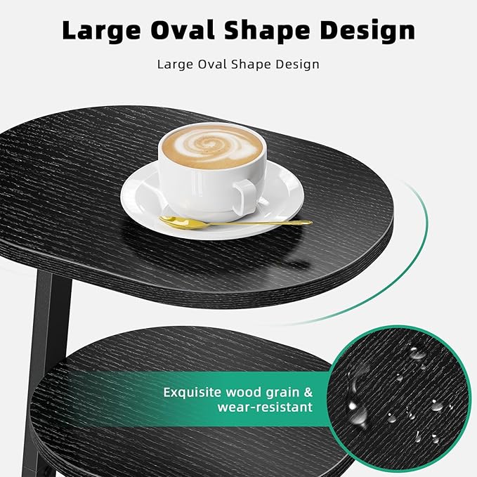 Side Table, Small End Table with Metal Frame, 3-Tier Bedside Tables, Round Side Tables for Living Room Bedroom Couch Bathroom, Oval, Pure Black