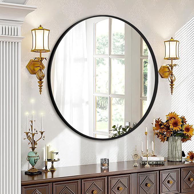 Fabuday Black Round Mirror 39 Inch - Big Circle Wall Mirror for Bathroom, Living Room, Hallway, Entryway, Matte Aluminum Frame Large Circular Mirrors for Wall Decor