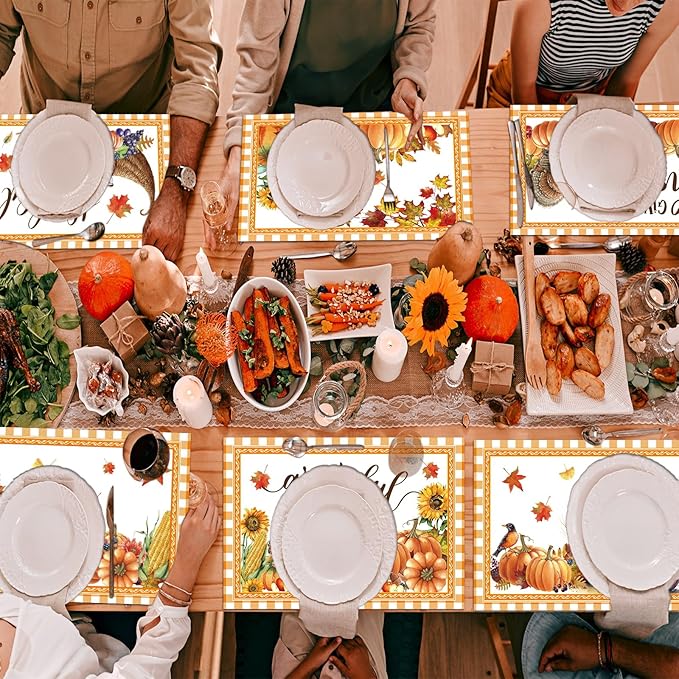 Thanksgiving Placemats Set of 6 Thanksgiving Day Plastic Table Mats Welcome Fall Place Mats Washable Vinyl Rustic Holiday Table Decoration for Indoor Outdoor Autumn Party Kitchen Dining