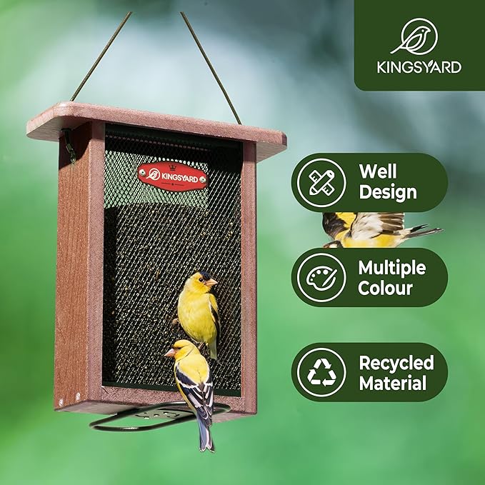 Kingsyard Metal Mesh Bird Feeder for Outdoors Hanging, Finch Feeder for Nyjer/Thistle, Sliding Mesh & Built-in Perch, Recycled Plastic, Brown