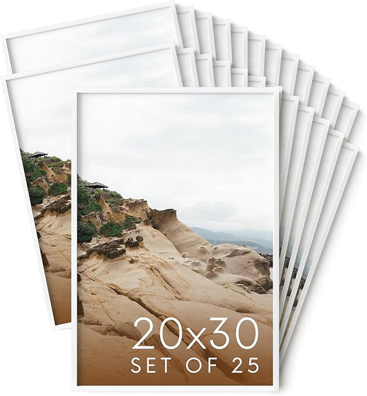 HAUS AND HUES 20x30 White Metal Picture Frames - Features Premium Aluminum, Vertical & Horizontal Hang, Shatterproof Plexiglass - Perfect for Home, Room, Office (20x30 in, White, Set of 25)