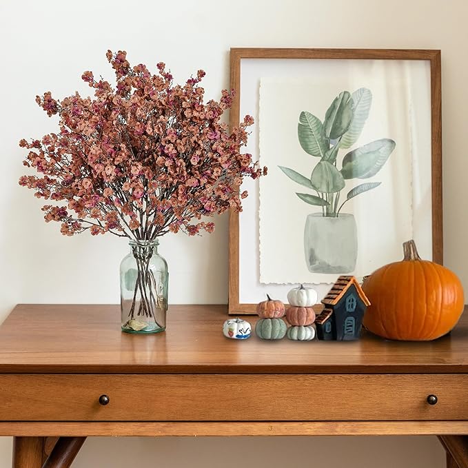 Sggvecsy 15 Pcs Babys Breath Artificial Flowers Gypsophila Bouquets Bulk Real Touch Fake Silk Flowers for Home DIY Floral Arrangement Table Centerpiece Fall Autumn Decoration (Orange Brown)