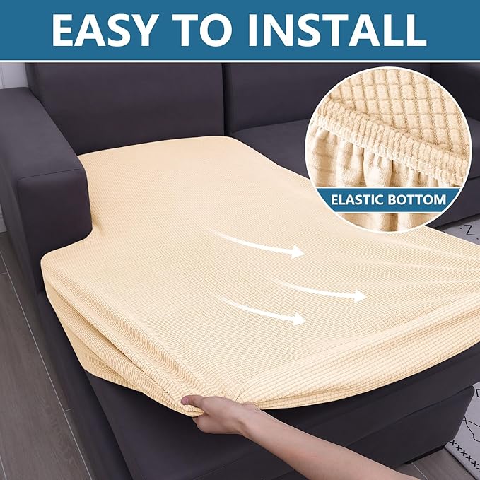 hyha Waterproof Sectional Couch Covers, Non Slip Sofa Couch Cushion Covers L Shape, Thick Stretch Jacquard Fabric, Washable Sofa Slipcovers with Elastic Bottom (1 Piece for Chaise XL, Beige)