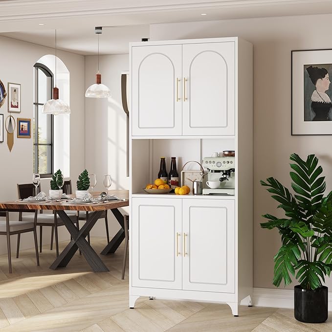 75" Tall Kitchen Pantry Storage Cabinet, Metal Storage Cabinets with 4 Doors and Adjustable Shelves，White Kitchen Hutch Cabinet with Microwave Stand, Large Cupboard for Dining Living Room
