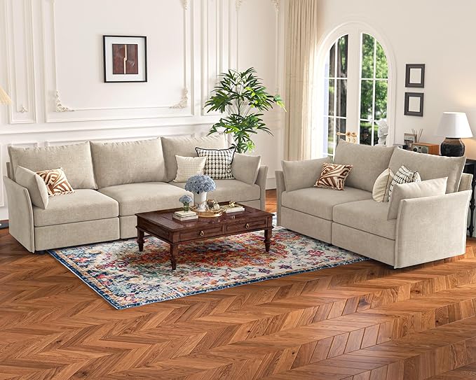 Oversized Loveseat Sofa, Modern Modular Sectional Couch Beige Fluffy Chenille Mid Century 2-Seat 24.5" Deep Seat for Apartment, Living Room, Bedroom