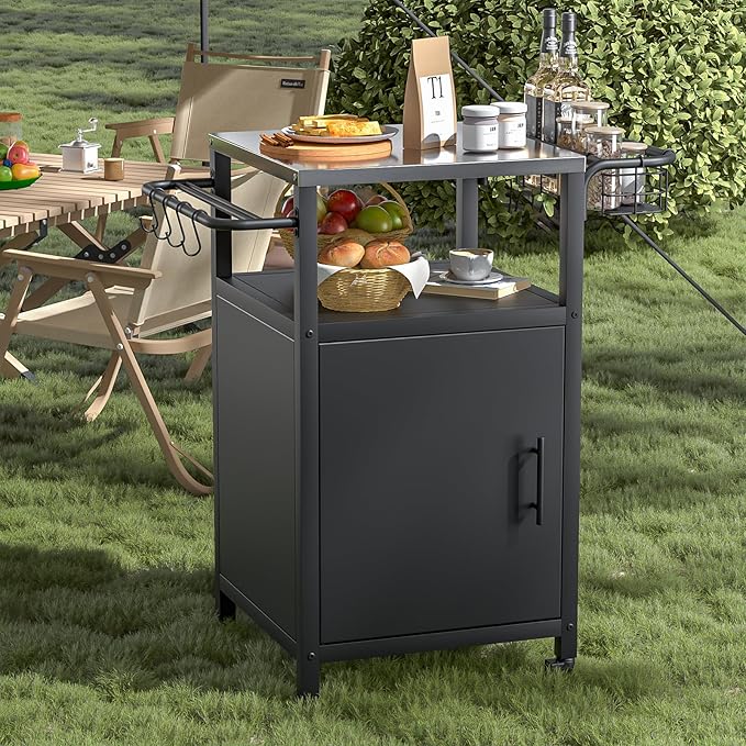 Outdoor Grill Cart with Storage Cabinet, Prep Table with Stainless Steel, BBQ Tables Cart Portable Patio Bar with Lockable Wheels, Movable Kitchen Island for Outside Backyard Patio