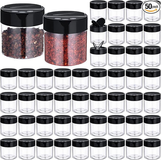 50 Pack 4.7 oz Plastic Spice Jars with Black Cap Empty Clear Plastic Spice Bottle Containers Reusable Seasoning Jars with Shaker Lids for Kitchen Storing and Dispensing Salt Powders