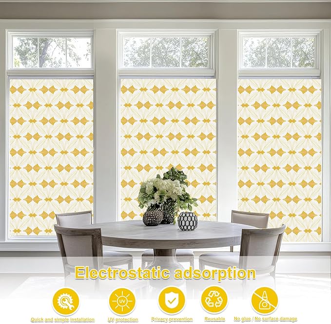 Window Privacy Film Stained Glass Decorative Static Clings Frosted Window Tint for Home Room Decor Bathroom Door Car Stickers with Glittering Effect, Removable(Golden Geometry)