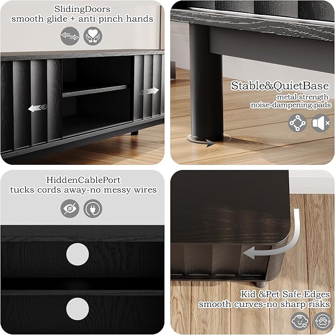 Black Mid Century Modern TV Stand, Wood Fluted Living Room TV Stands with Storage Sliding Doors, Desert-Inspired Design MCM Entertainment Center for 55 60 65 70 75 55+ 60+ 65+ 70+ Inch