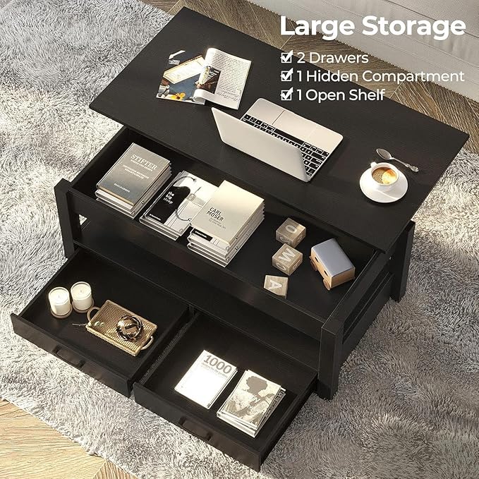 Rolanstar Coffee Table, 47.2" Lift Top Coffee Table with Drawers and Hidden Compartment, Retro Central Table with Wooden Lift Tabletop, for Living Room,Black