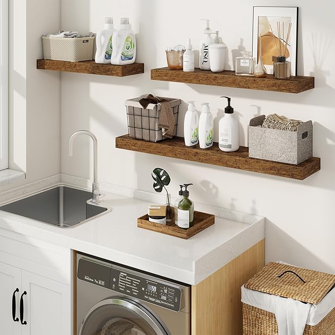 fuqing Floating Shelves for Wall, Bathroom Shelf Wall Mounted for Storage, Shelves with Invisible Bracket for Bedroom, Kitchen, Living Room, Farmhouse Small Book Shelf, 48 Inch Set of 2, Rustic Brown