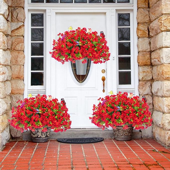 ‌20 Bundles Artificial Flowers for Outdoors‌ with 6 Faux Butterflies, UV Resistant ‌Fake Flowers‌ with Eucalyptus Leaves, ‌Artificial Plants Outdoor‌ for Patio Garden Porch Home Decor (Red)