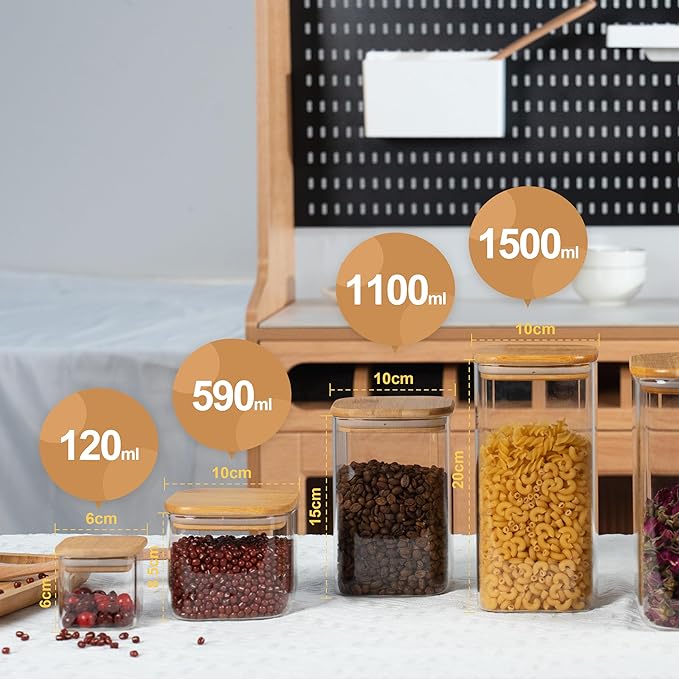 41oz Airtight Glass Square Storage Canister with Bamboo Lid Set of 4 (1200ml) Container Stackable Jar, Kitchen Canister for Pantry Noodles, Flour and Coffee beans (‎with Black Lable)