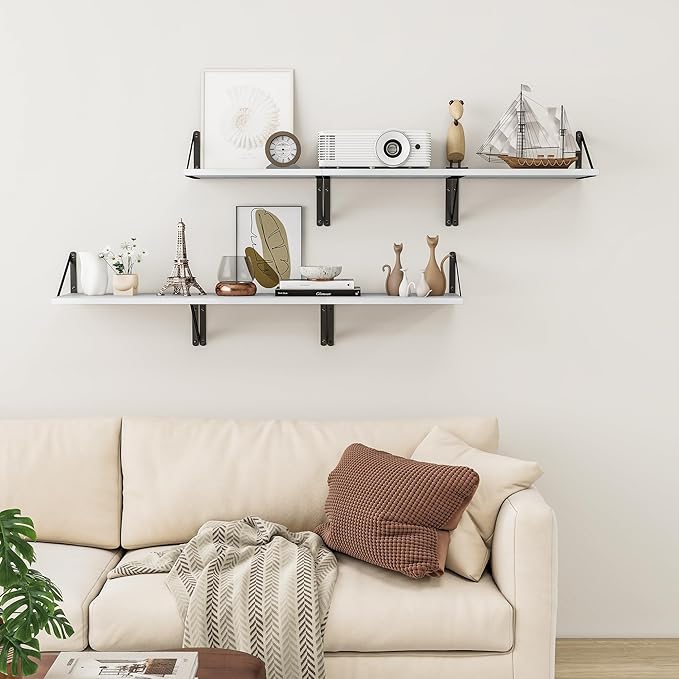 Heimlove Deep Floating Shelves for Wall, 12 Inch Deep Floating Shelves Set of 3, 16W x 12D Wood Wall Shelves, Wide Wood Shelves with Metal Bracket for Living Room, Kitchen, Office, Bedroom - White