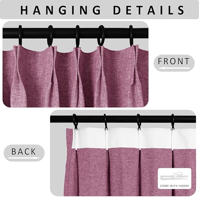 Macochico Pinch Pleated Blackout Curtains 102 Inches Long 100% Light Blocking Lilac Linen Drapes for Bedroom Living Room Farmhouse Shabby Chic Burlap Curtains with Tieback 72”Wx102”L 1 Panel
