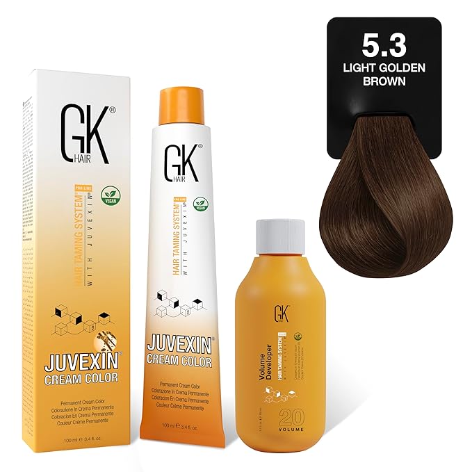 GK HAIR Global Keratin Goldens 5.3 Light Golden Blonde Hair Color Cream Tube (3.4 Fl Oz/100ml) + 20 Volume Developer (5 Fl Oz/150ml) - Professional Permanent Long Lasting Toner Dye