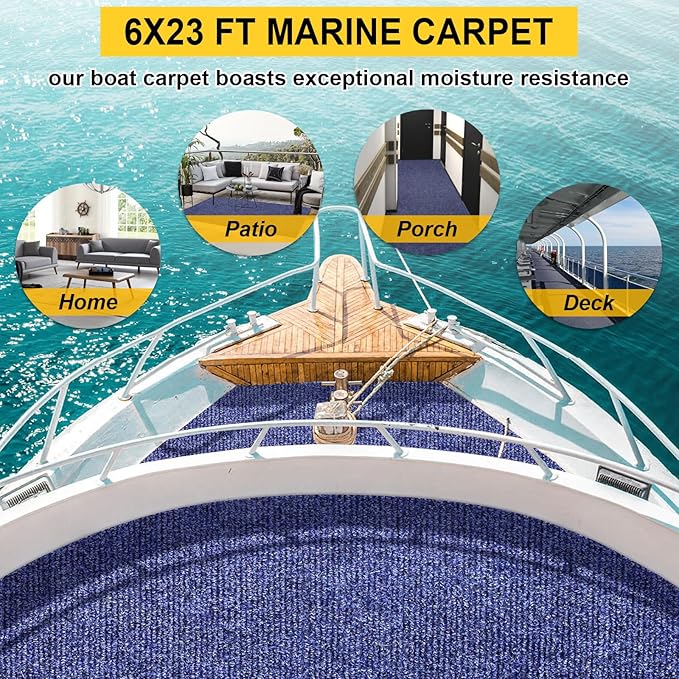 Marine Carpet,6 FT x 23 FT Deep Blue Indoor Outdoor Carpet 0.2" Thick Boat Carpet with Water-Proof TPE Backing, Non-Slide Outdoor Marine Carpet Roll for Home, Patio, Porch, Deck