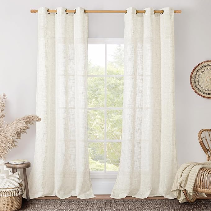 LAMIT Cream Sheer Linen Curtains 84 inch Long, Bronze Grommet Soft Linen Textured Semi Sheer Drapes with Light Filtering for Living Room/Bedroom, 2 Panels Set, 34 x 84 Inch