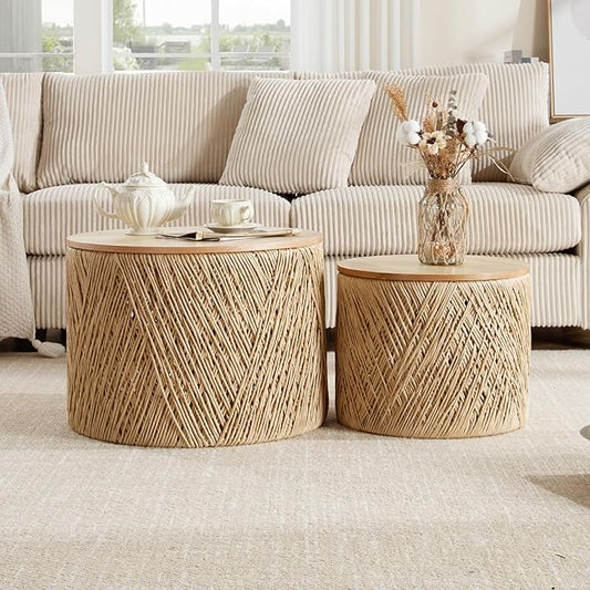 Nesting Coffee Table Set of 2, Natural Round Wooden Coffee Tables Rustic Woven Circle Side/Sofa Table for Small Space Living Room Bedroom Apartment No Assembly Required