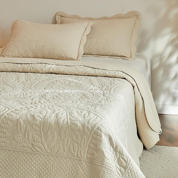 MarCielo 3-Piece 100% Cotton Oversized Bedspread Lightweight Quilt Coverlet Embroidery Farmhouse Bedding Set T0 (Yellowish Beige, Oversized King (118"x106"))
