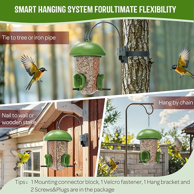 LONA Bird Feeders for Outdoors Hanging – 3 Separate Compartments, 3 Feeding Ports, Weatherproof Dome & 3 Ways to Hang, Large Capacity for Cardinals/Finches (Green，Plus