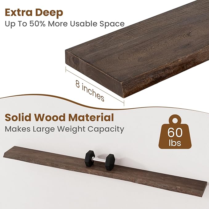 Floating Shelves for Wall Decor, Rustic Solid Elm Wood Floating Shelves Wall Mounted, Wall Shelves with Invisible Bracket for Living Room Bathroom Bedroom Kitchen, 72 Inch, Walnut