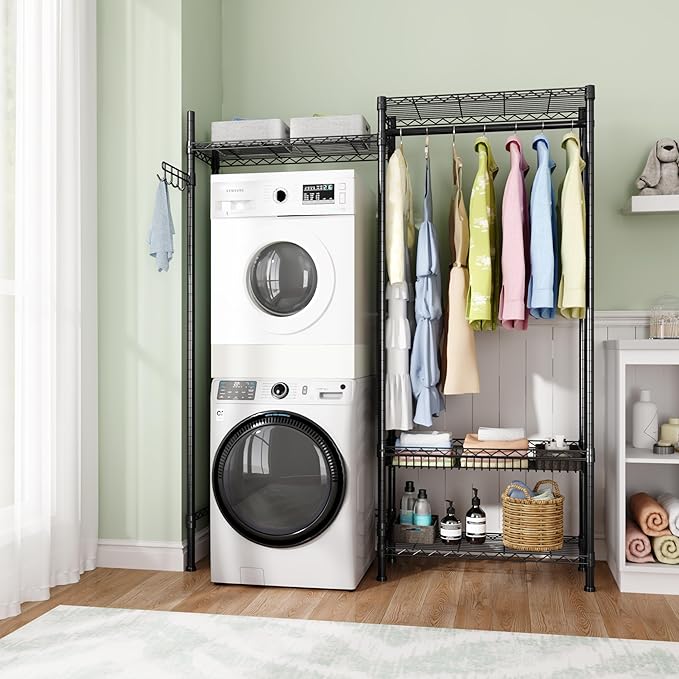 Over Washer and Dryer Shelves,Laundry Room Storage Organization Clothes Drying Rack,4 Tier Adjustable Height Wire Shelving with Wire Basket,Hanger Rod&Hook,Space Saving Shelf