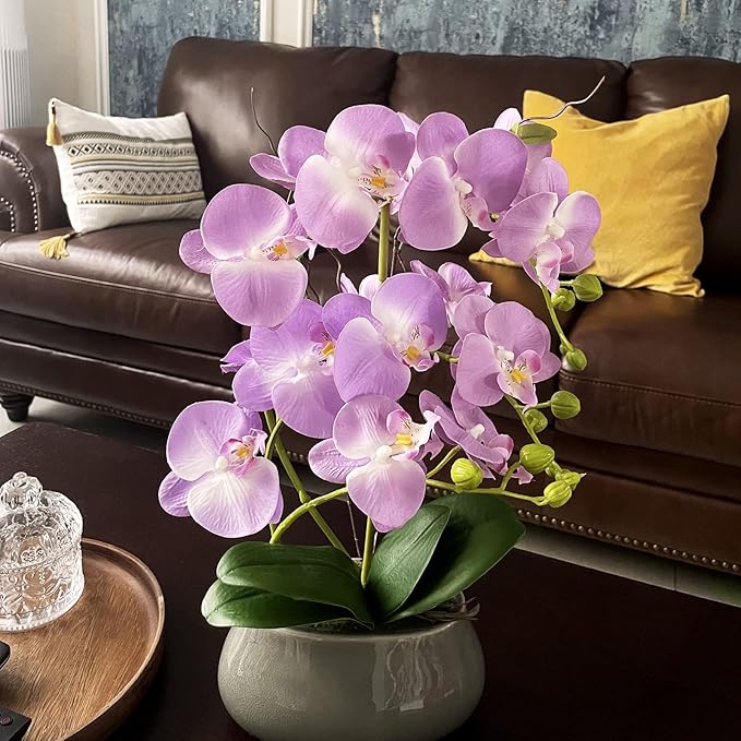 SJC Orchids Artificial Flowers with Gray Vase Purple Faux Orchid Phalaenopsis Arrangements for Kitchen Table Centerpiece Home Decoration Indoor(3.54" D x 7.87" W x 20" H)