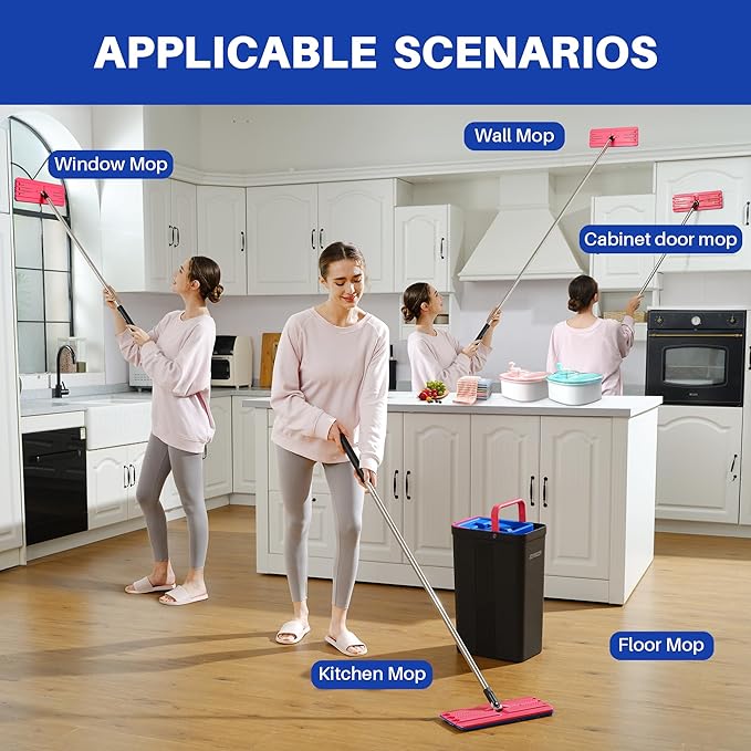 JOYMOOP Mop and Bucket with Wringer Set, Hands Free Flat Floor Mop and Bucket, with 6 Washable Microfiber Pads, Wet and Dry Use, Floor Cleaning System - Black+Red+Slate Blue