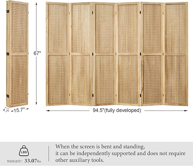 ‌Room Divider Freestanding Folding Pegboard Privacy Screen | 6-Panel Display Stand for Jewelry, Craft Shows, Retail | Natural Wood, Portable & Space-Saving Design
