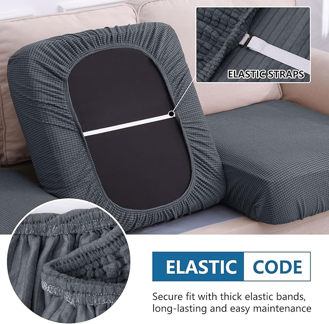 hyha Waterproof Couch Cushion Covers, Washable Sofa Cushion Slipcovers, Thick Stretch Jacquard Fabric, Couch Sofa Covers for Pets with Elastic Bottom (2 Pieces, Grey)