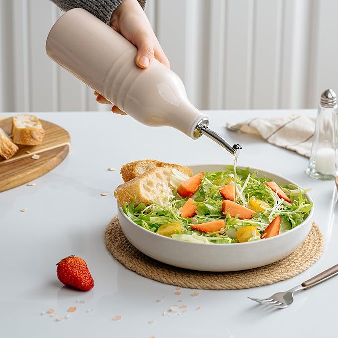 famiware Jupiter 16oz Ceramic Olive Oil Dispenser Bottle, Olive Oil and Vinegar Dispenser Bottle Set of 2 with Stainless Steel Pourers, Suitable for Storage Vinegar, Liquids, Light Pink & Light Green