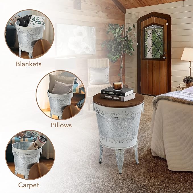 Rustic Storage Farmhouse Accent Side Table, Antique Galvanized Metal End Coffee Cocktail Table Box Bin with Round Wooden Lid Set of 2 (Distressed White)