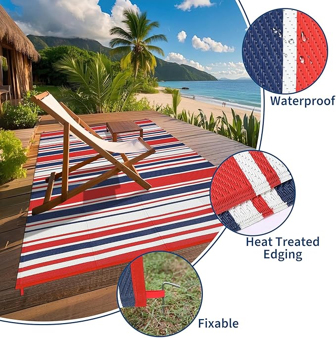 Outdoor Plastic Straw Rug 9x18 Waterproof Outside Rug, Large Modern Striped Reversible Floor Mats, Foldable & Lightweight Camping Carpet for Patio, Porch, Deck, Backyard, Balcony, Red Blue White