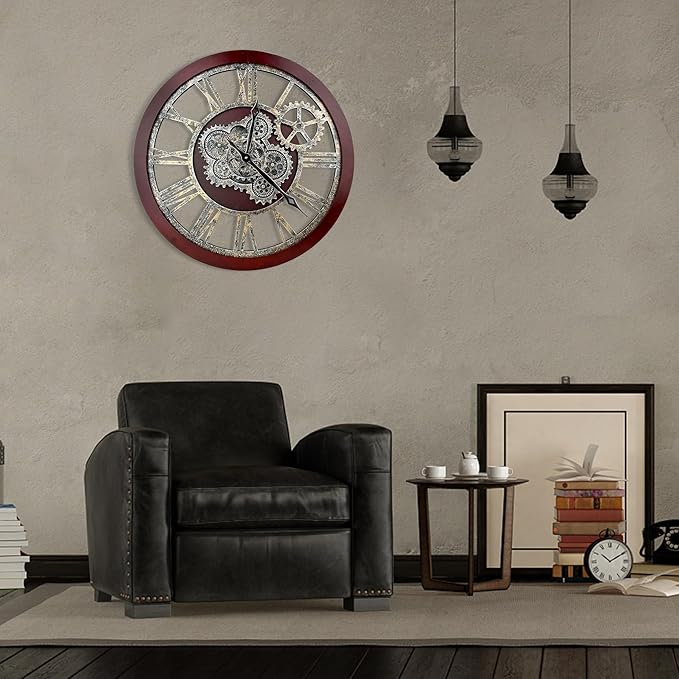 HOIBAI Large Wall Clock, 18 Inch Wall Clocks for Living Room Decor Farmhouse Vintage Rustic Kitchen Wall Decor Vintage Roman Big Oversized Wall Clock for Home Bedroom House Office, Moving Gears Clock