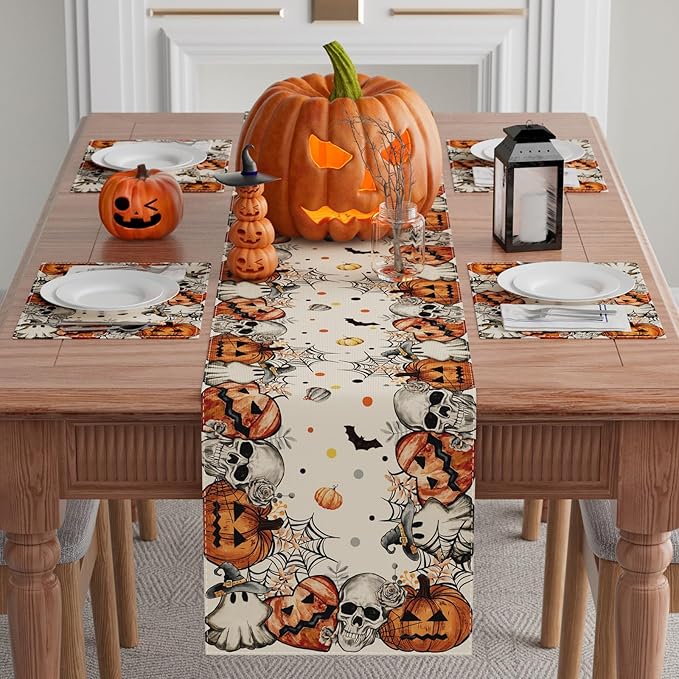 XCHI Spooky Skeleton Ghost Pumpkin Halloween Table Runner Party Table Decoration for Home Kitchen Dining Holiday Decor 13x108 Inch