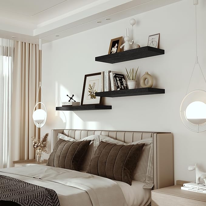 Black Floating Shelves for Wall Mounted, 24 inchs x 9.1” Deep x 1.5” Thick Wall Shelves for Bedroom, Living Room, Bathroom，Kitchen, Office, Home Decor Shelf with Invisible Bracket - Set of 2