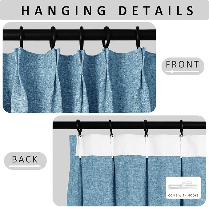 Macochico Pinch Pleated Blackout Curtains 102 Inches Long 100% Light Blocking Blue Linen Drapes for Bedroom Living Room Farmhouse Shabby Chic Burlap Curtains with Tieback 72”Wx102”L 1 Panel