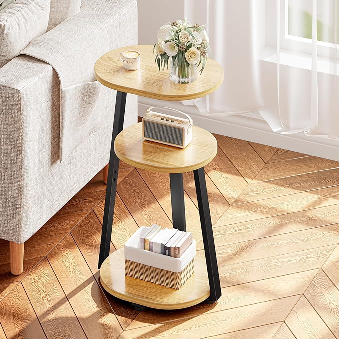 Side Table, Small End Table with Metal Frame, 3-Tier Bedside Tables, Round Side Tables for Living Room Bedroom Couch Bathroom, Oval, Modern Oak