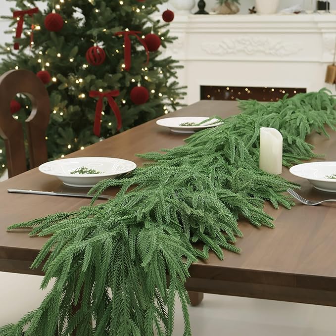 9FT Christmas Garlands Norfolk Pine Garland Real Touch Artificial Faux Greenery Garland for Holiday Indoor Outdoor Decor