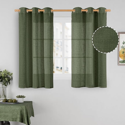LAMIT Semi Sheer Linen Curtains 48 Inch Length, Light Filtering Panels Bronze Grommet Boho Neutral Christams Window Drapes for Kitchen/Short Windows/Cafe, Olive Green, 34 x 48 Inch, 2 Panels