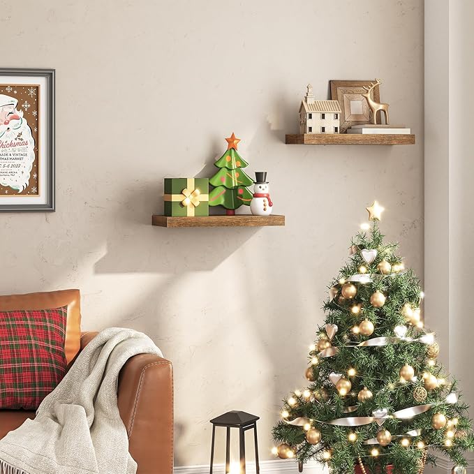 HOOBRO Floating Shelves for Wall, Wall Mounted Shelf Set of 2, 15.7" Hanging Shelf with Invisible Brackets, for Wall in Bathroom, Bedroom, Toilet, Kitchen, Living Room, Office, Rustic Brown BF40BJ01