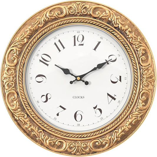 Menterry European Vintage Decorative Wall Clock, 12" Antique Gold Style, Battery Operated Wall Clocks for Kitchen, Bedroom, Farmhouse, Bathroom, Offices