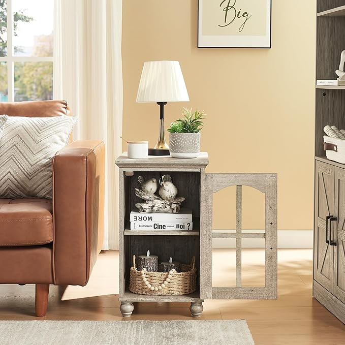 Narrow Side Table,Farmhouse Nightstand with Charging Station,Wood End Table with Glass Barn Door Storage, Cabinet Organizer with Adjustable Shelf, Night Stand for Small Spaces for Living Room Bedroom