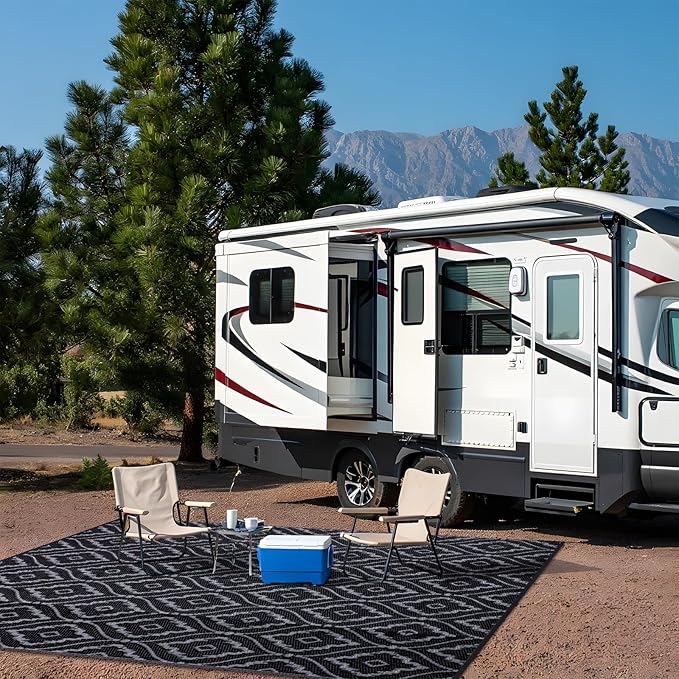 OLANLY Outdoor Rug 8x10 ft Waterproof, Outdoor Plastic Straw Rug with Geometric Pattern Clearance, Reversible RV Mat for Patio, Camping, Balcony, Deck, Backyard, Black & Grey