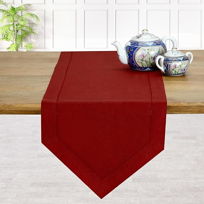 D'Moksha Homes Red Linen Table Runner 120 Inches Long - 100% Pure Linen Diamond Table Runner 14 x 120 Inch for Dining, Fall and Halloween - Machine Washable