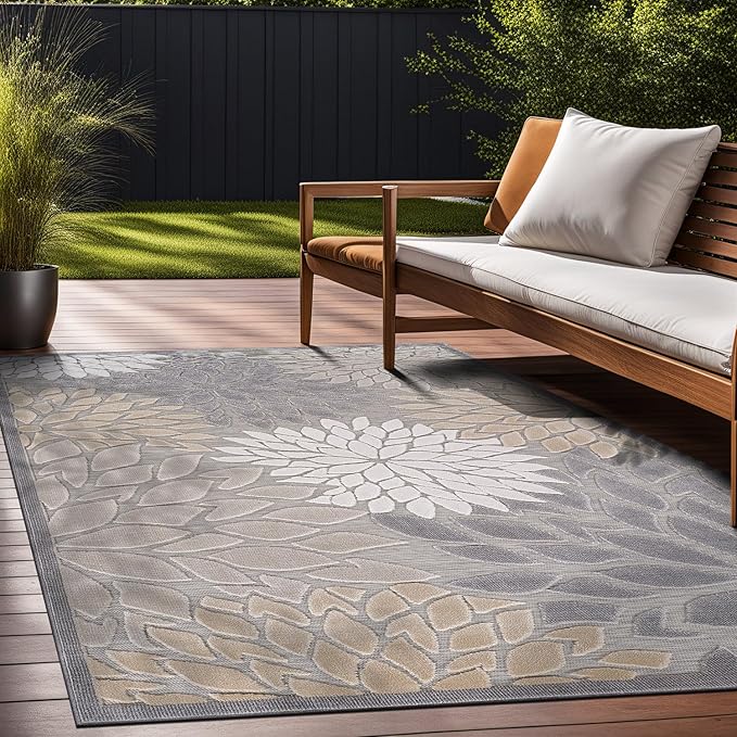 Beverly Rug Outdoor Rug 10x14 Large Modern Floral Tropical Area Rugs for Indoor and Outdoor Patio Easy to Clean Non Shedding Living Room Porch Garden Washable Outside Carpet (10 x 14 Gray)