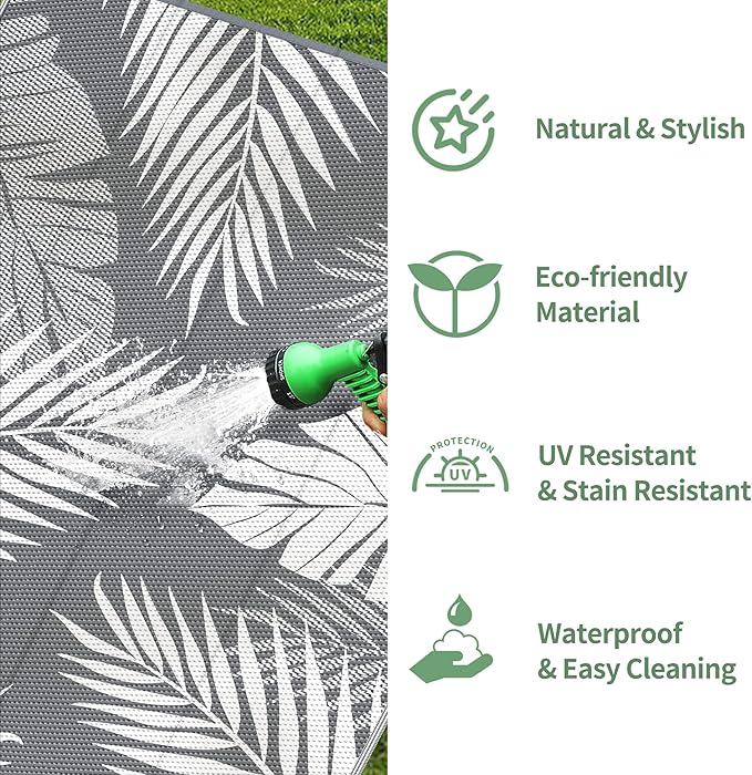 GENIMO Outdoor Rug 8' x 10' Waterproof for Patios Clearance, Reversible Plastic Straw Camping Rug Carpet, Large Area Rugs Mats for RV, Picnic, Backyard, Deck, Balcony, Porch, Beach, Grey&White